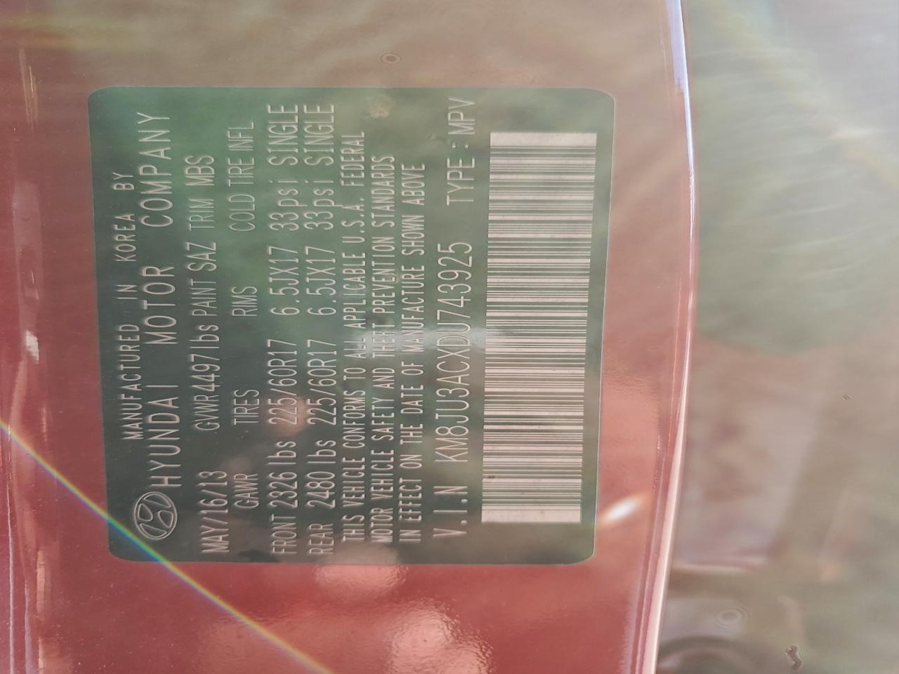 2013 Hyundai Tucson Gls VIN: KM8JU3ACXDU743925 Lot: 96470055