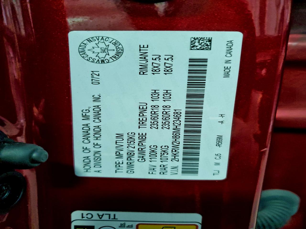 2021 Honda Cr-V Exl VIN: 2HKRW2H86MH234681 Lot: 95087325