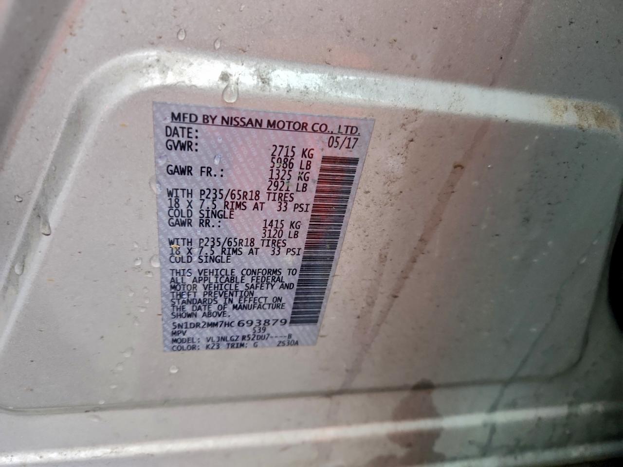 2017 Nissan Pathfinder S VIN: 5N1DR2MM7HC693879 Lot: 96105585