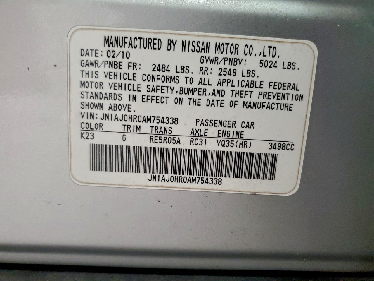 2010 Infiniti Ex35 Base VIN: JN1AJ0HR0AM754338 Lot: 95653295