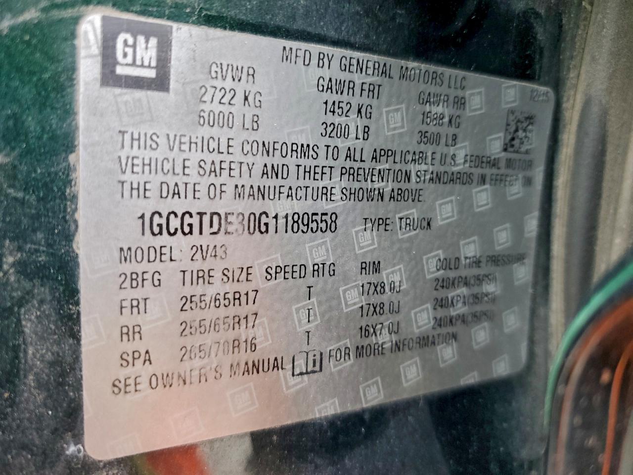 2016 Chevrolet Colorado Z71 VIN: 1GCGTDE30G1189558 Lot: 94073945