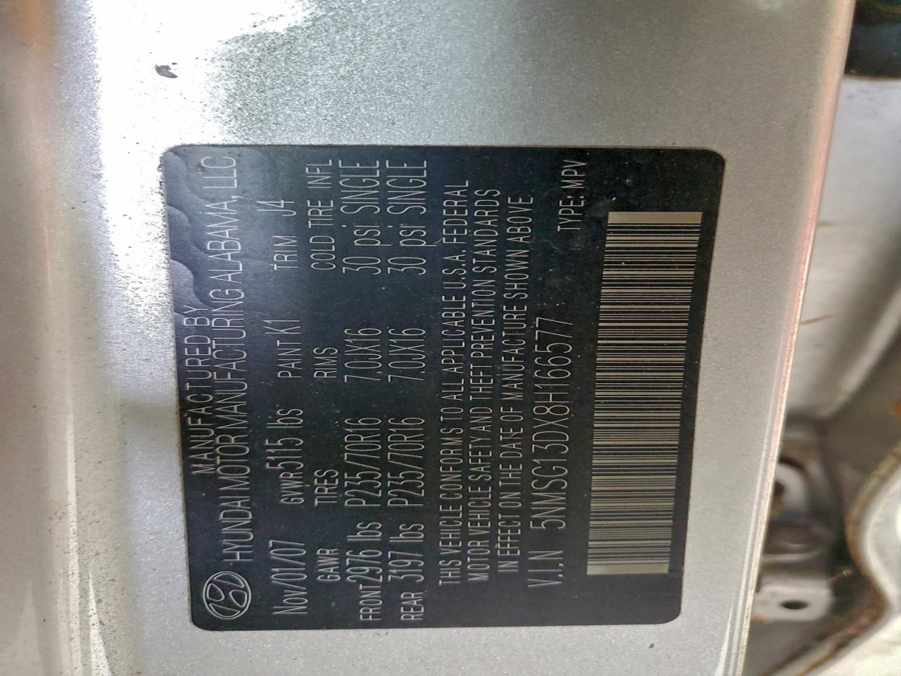 2008 Hyundai Santa Fe Gls VIN: 5NMSG13DX8H166577 Lot: 95802925