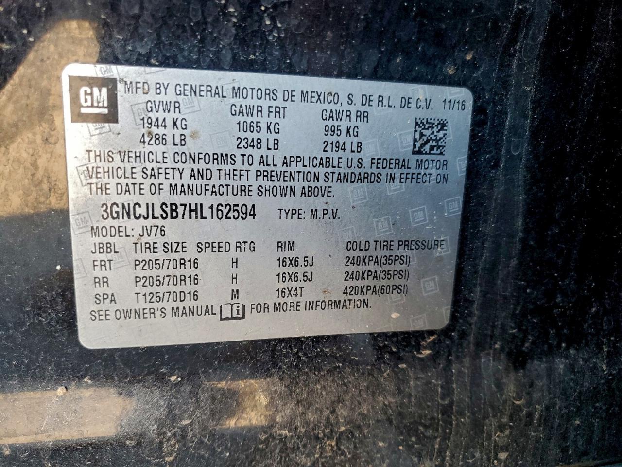 2017 Chevrolet Trax 1Lt VIN: 3GNCJLSB7HL162594 Lot: 95631385