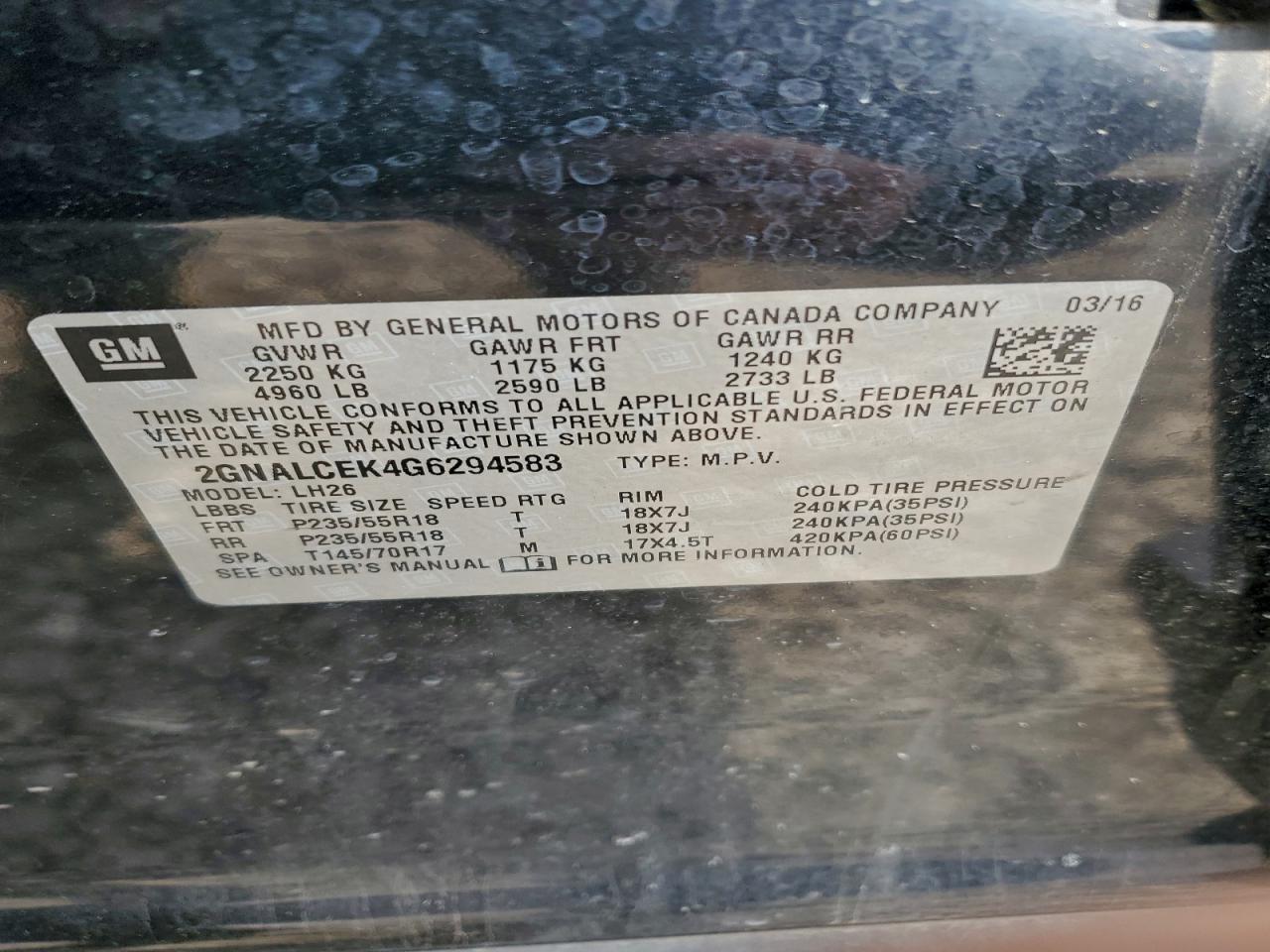 2016 Chevrolet Equinox Lt VIN: 2GNALCEK4G6294583 Lot: 96258675