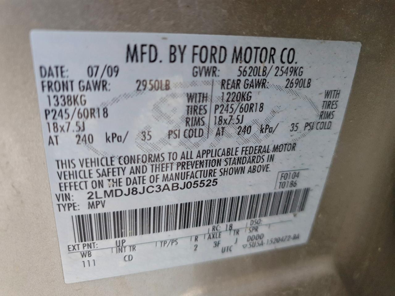 2010 Lincoln Mkx VIN: 2LMDJ8JC3ABJ05525 Lot: 95534955