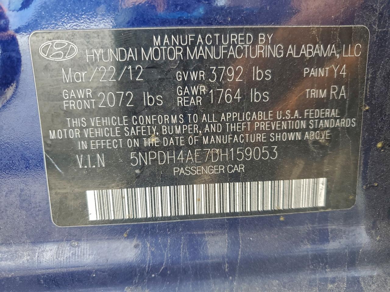 2013 Hyundai Elantra Gls VIN: 5NPDH4AE7DH159053 Lot: 94374795