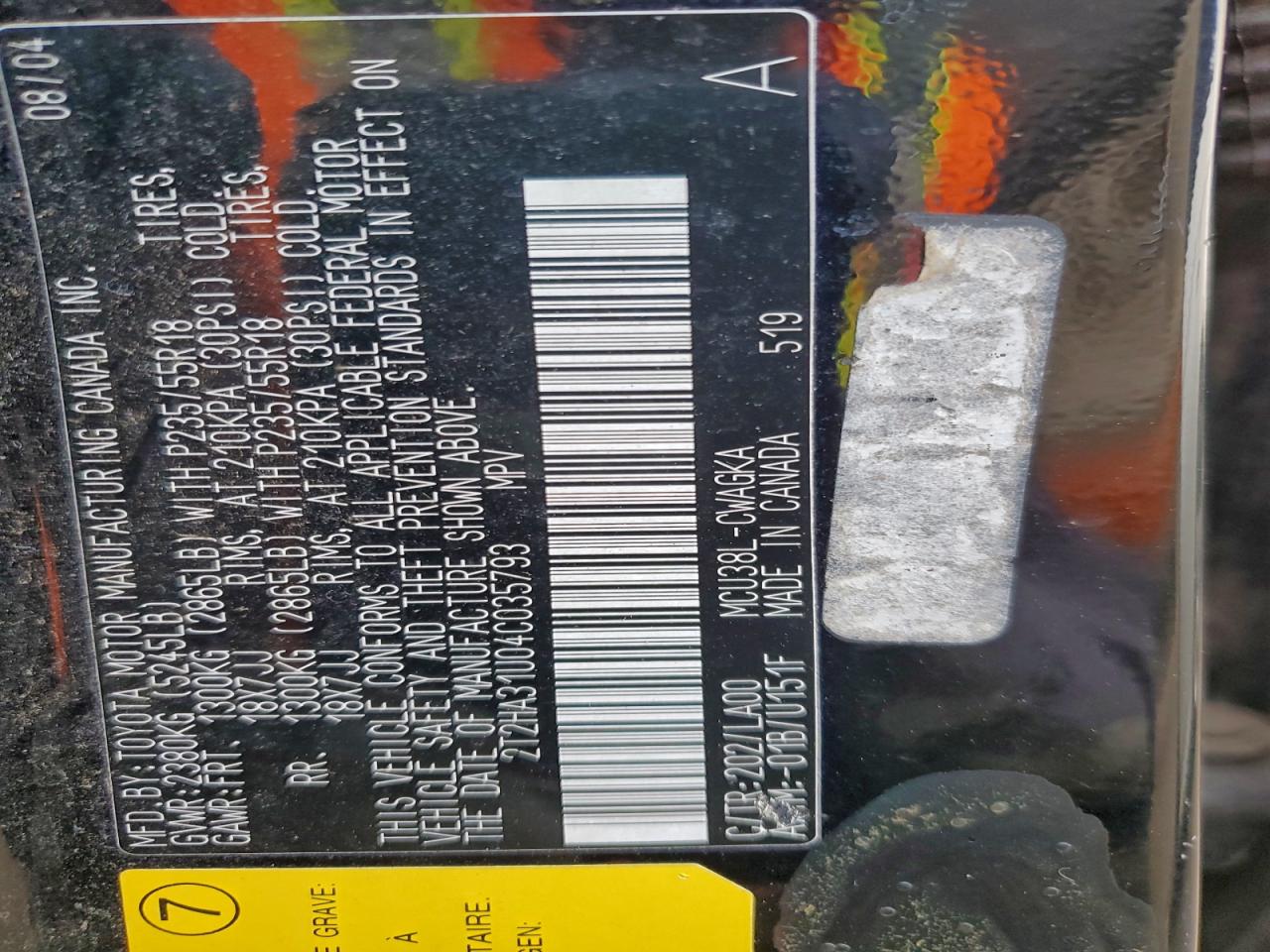 2004 Lexus Rx 330 VIN: 2T2HA31U04C035793 Lot: 95755145