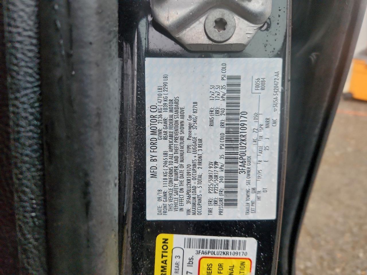 2019 Ford Fusion Se VIN: 3FA6P0LU2KR109170 Lot: 94269915