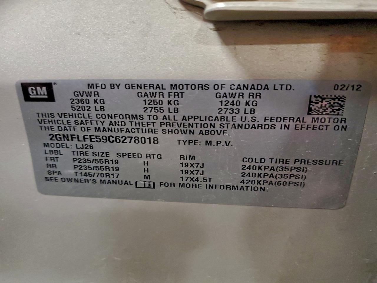 2012 Chevrolet Equinox Ltz VIN: 2GNFLFE59C6278018 Lot: 85444385