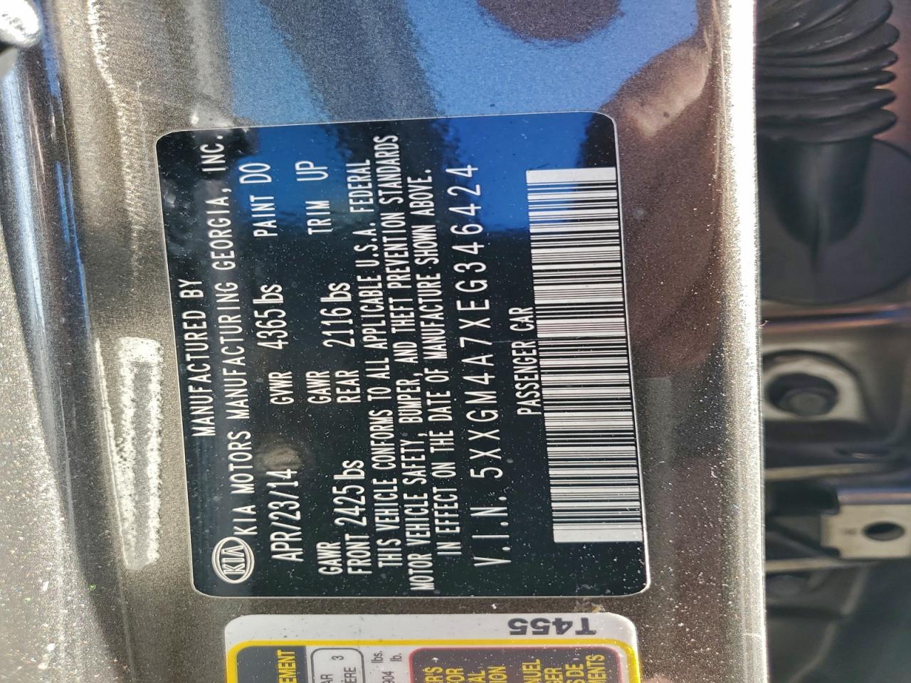 2014 Kia Optima Lx VIN: 5XXGM4A7XEG346424 Lot: 95006615