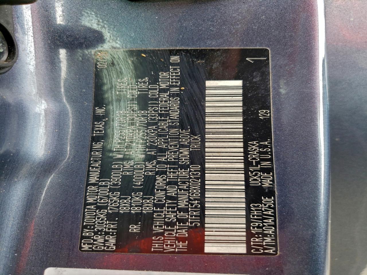 2008 Toyota Tundra Double Cab VIN: 5TFRT54168X021310 Lot: 96205685