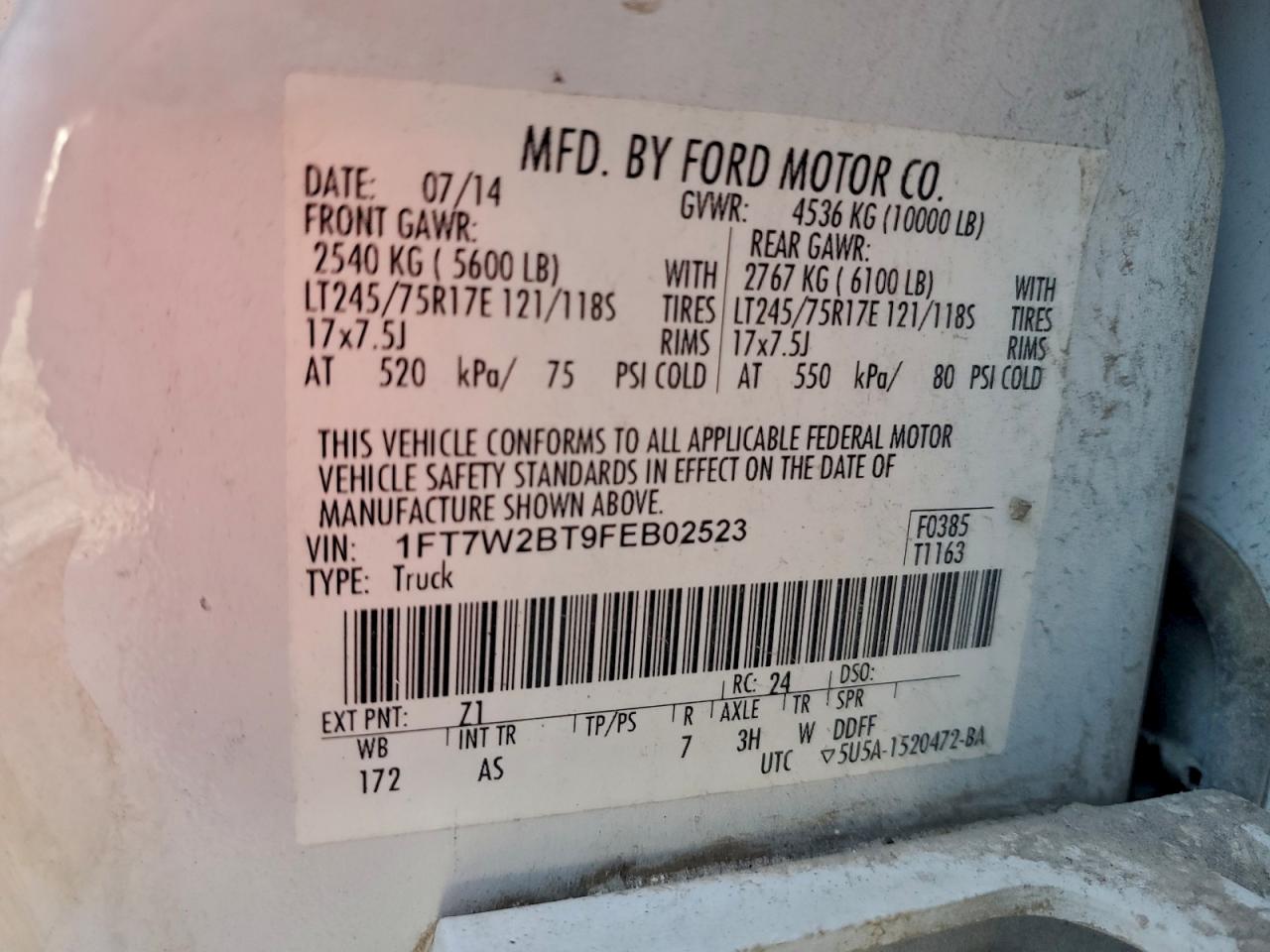 2015 Ford F250 Super Duty VIN: 1FT7W2BT9FEB02523 Lot: 95216025