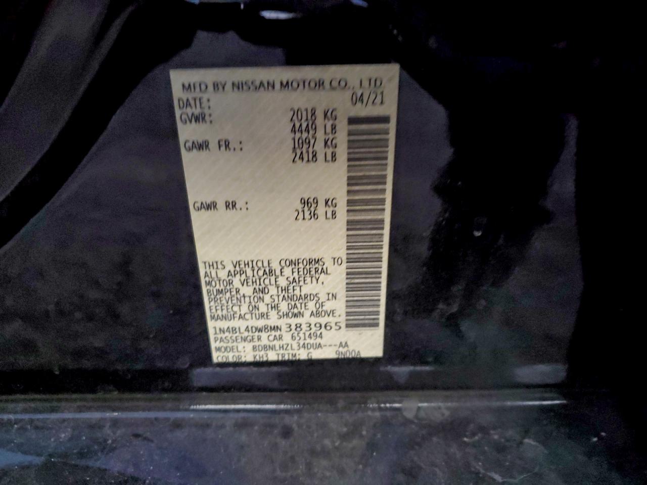 2021 Nissan Altima Sv VIN: 1N4BL4DW8MN383965 Lot: 96883785