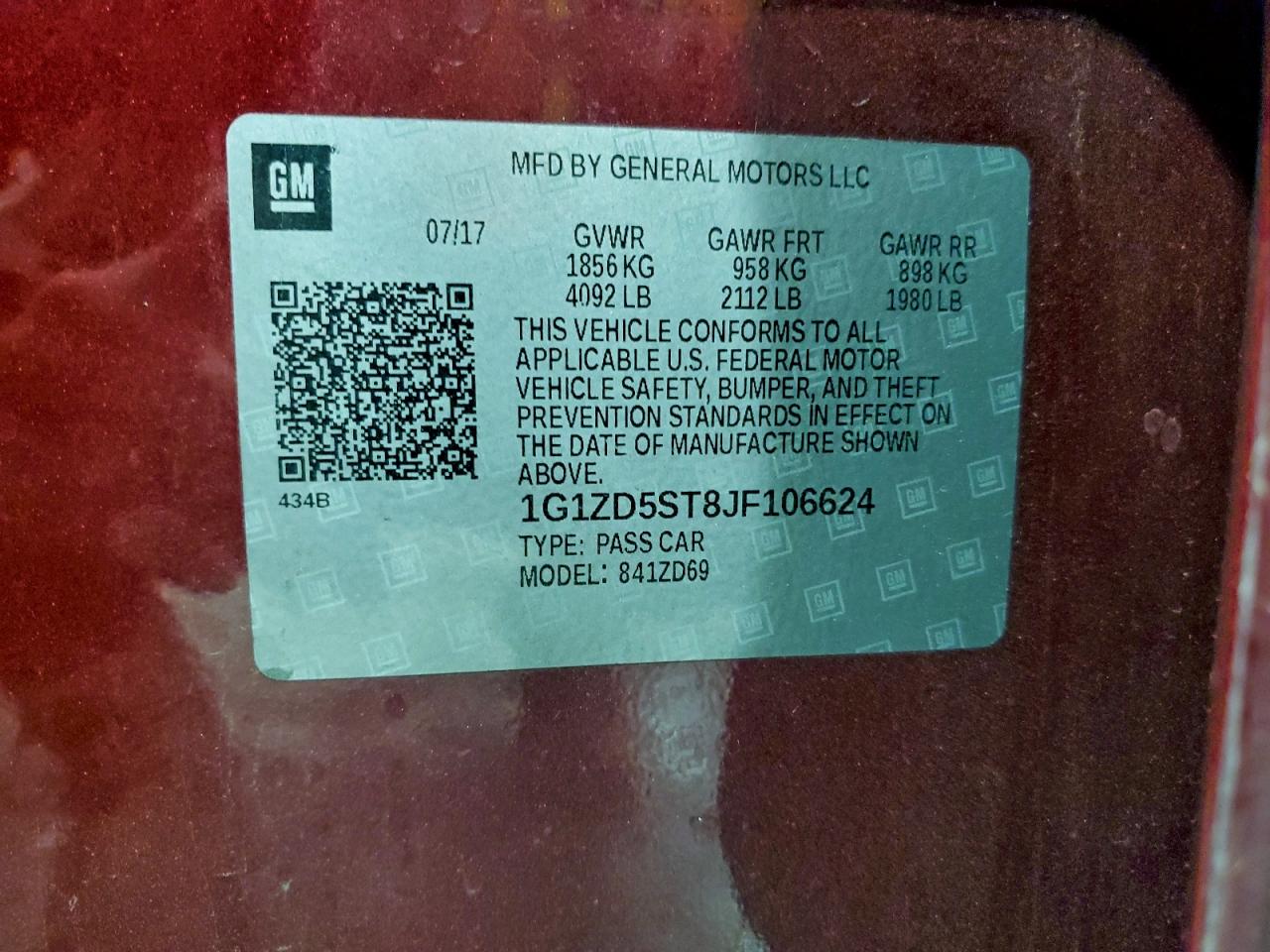 2018 Chevrolet Malibu Lt VIN: 1G1ZD5ST8JF106624 Lot: 95753365