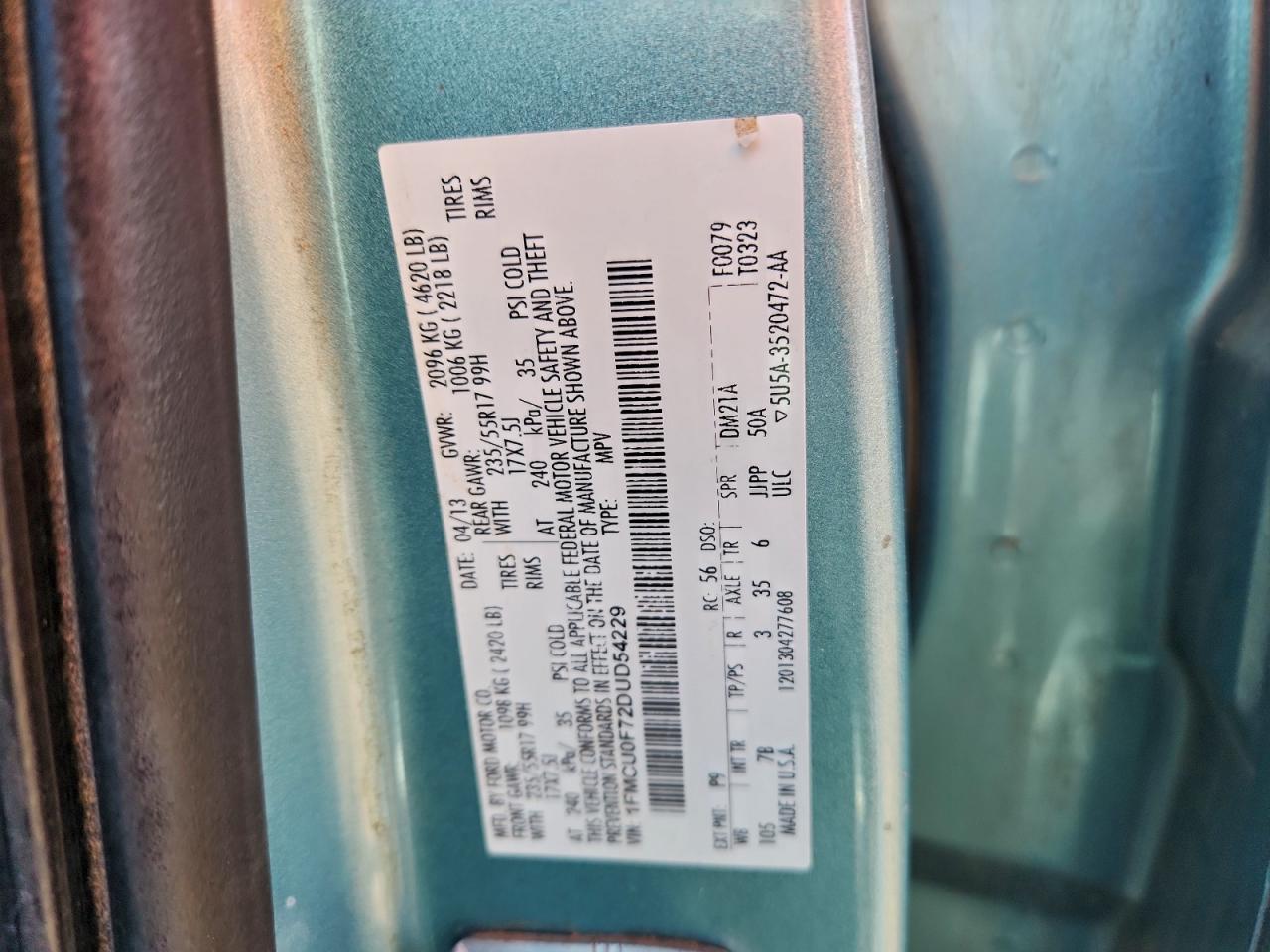 2013 Ford Escape S VIN: 1FMCU0F72DUD54229 Lot: 95222955