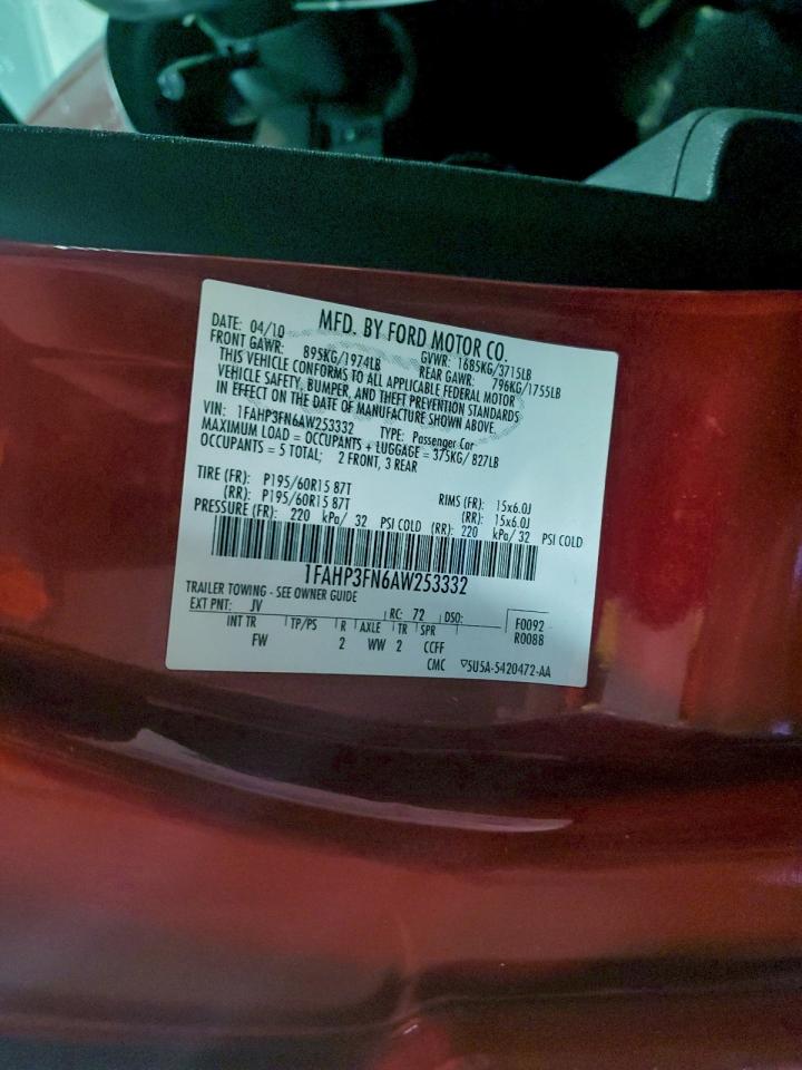 2010 Ford Focus Se VIN: 1FAHP3FN6AW253332 Lot: 95311515