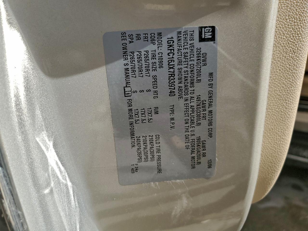 2007 GMC Yukon Xl C1500 VIN: 1GKFC16JX7R339740 Lot: 94333515