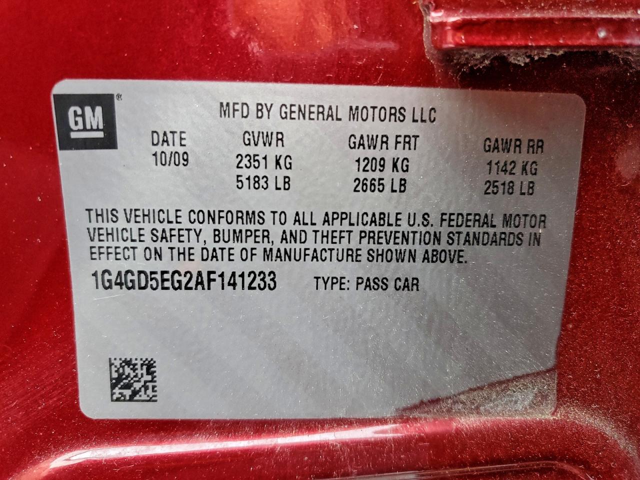 2010 Buick Lacrosse Cxl VIN: 1G4GD5EG2AF141233 Lot: 96409635