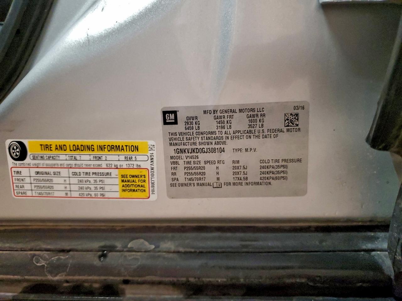 2016 Chevrolet Traverse Ltz VIN: 1GNKVJKD0GJ308104 Lot: 94536085