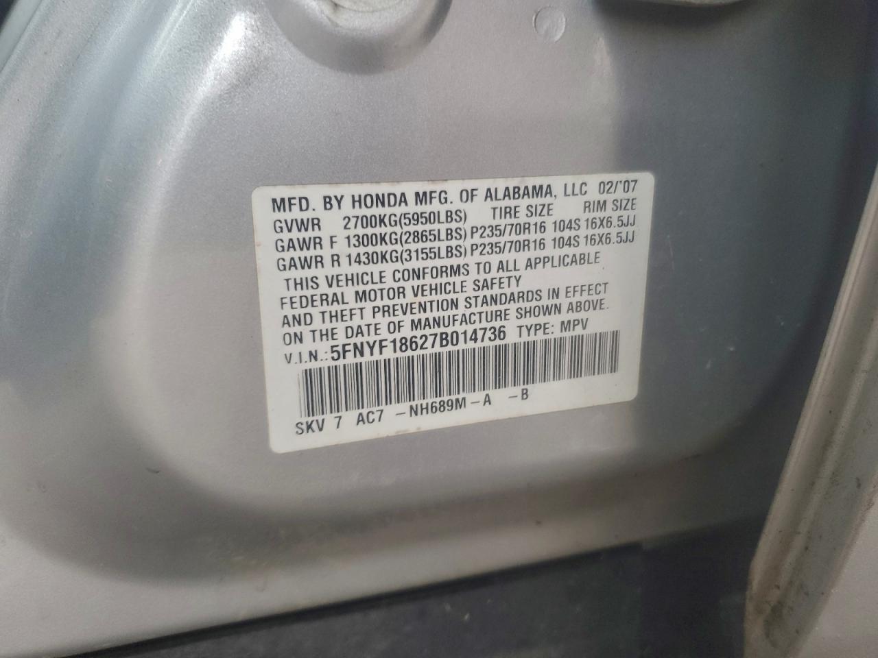 2007 Honda Pilot Exl VIN: 5FNYF18627B014736 Lot: 96231455