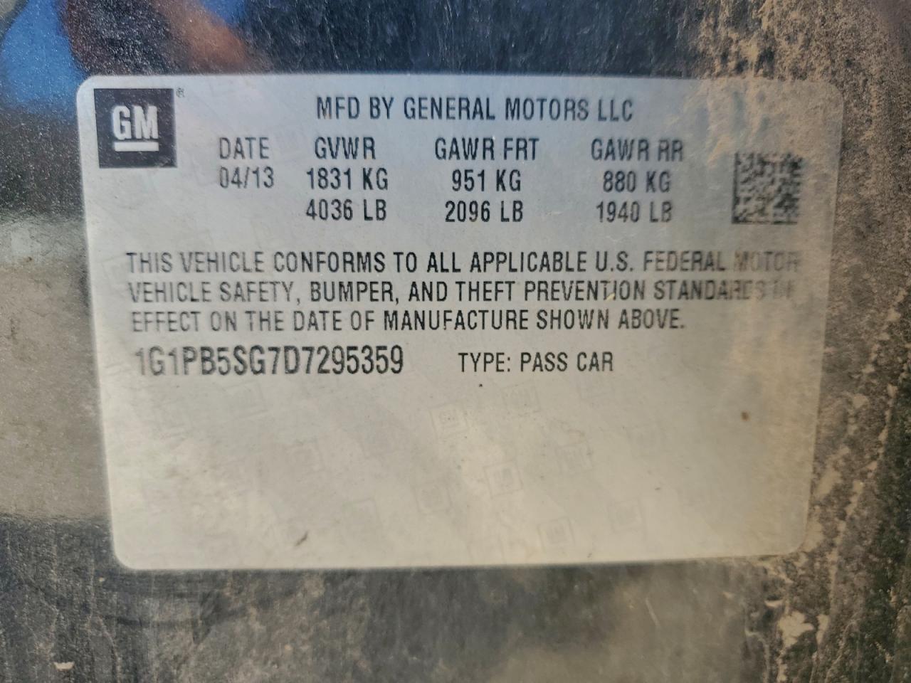 2013 Chevrolet Cruze Ls VIN: 1G1PB5SG7D7295359 Lot: 95880405