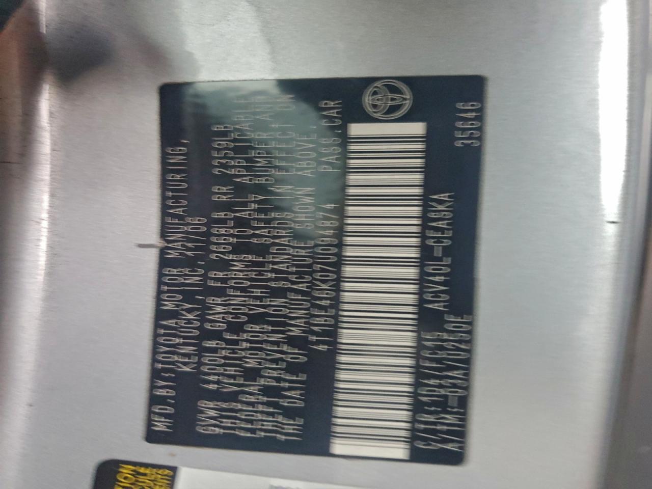 2007 Toyota Camry Ce VIN: 4T1BE46K07U094874 Lot: 94750485