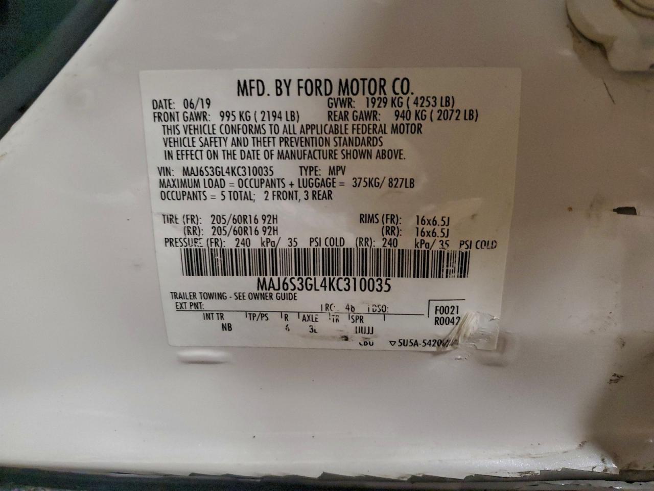 2019 Ford Ecosport Se VIN: MAJ6S3GL4KC310035 Lot: 94941575