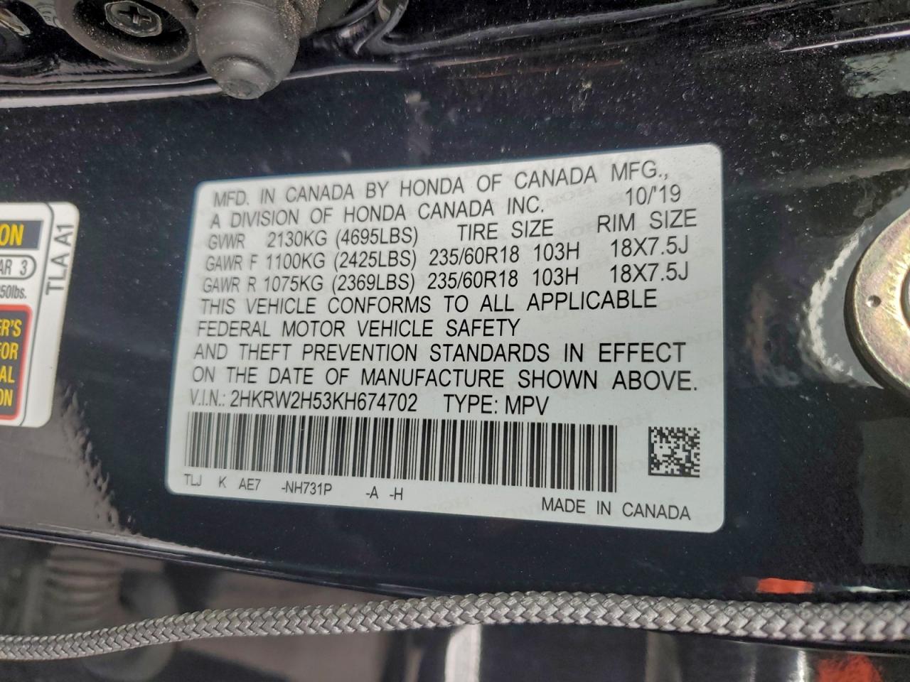 2019 Honda Cr-V Ex VIN: 2HKRW2H53KH674702 Lot: 96179635
