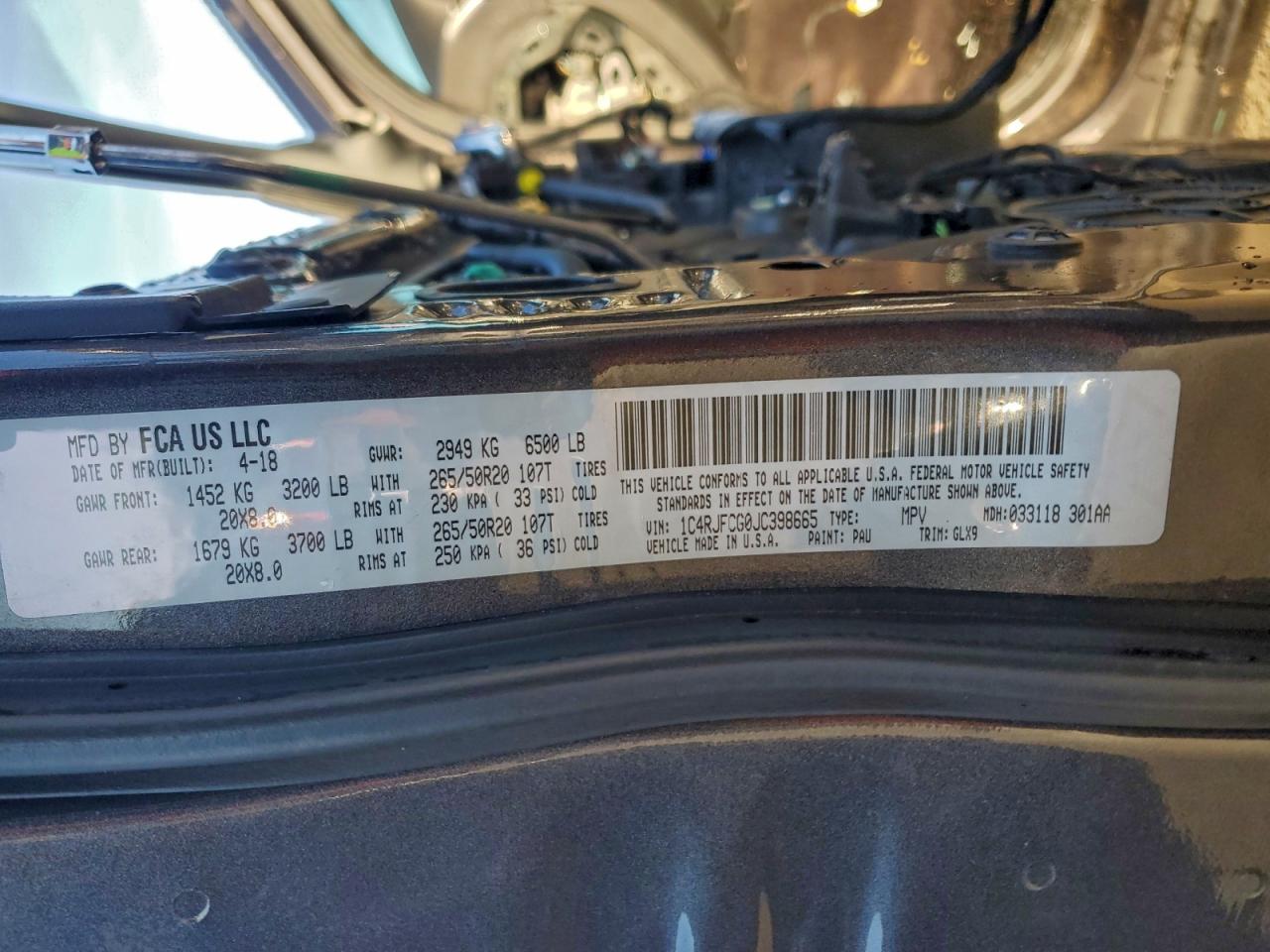 2018 Jeep Grand Cherokee Overland VIN: 1C4RJFCG0JC398665 Lot: 94656135