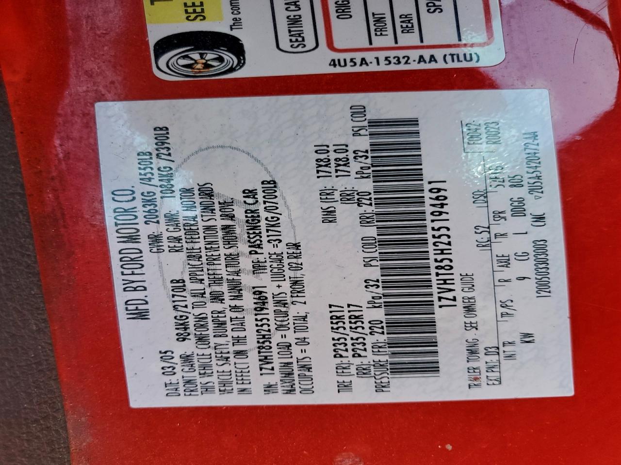 2005 Ford Mustang Gt VIN: 1ZVHT85H255194691 Lot: 96174155