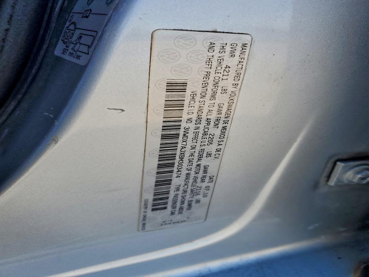 2011 Volkswagen Jetta Se VIN: 3VWDX7AJXBM303474 Lot: 96558205