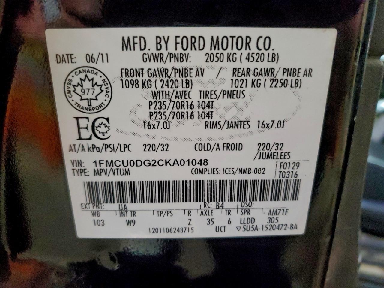 2012 Ford Escape Xlt VIN: 1FMCU0DG2CKA01048 Lot: 95760435