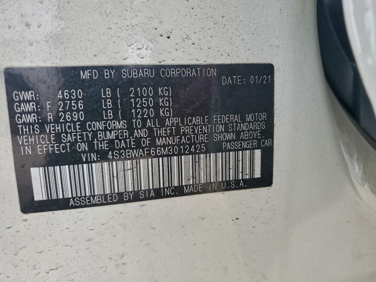 2021 Subaru Legacy Premium VIN: 4S3BWAF66M3012425 Lot: 94915705