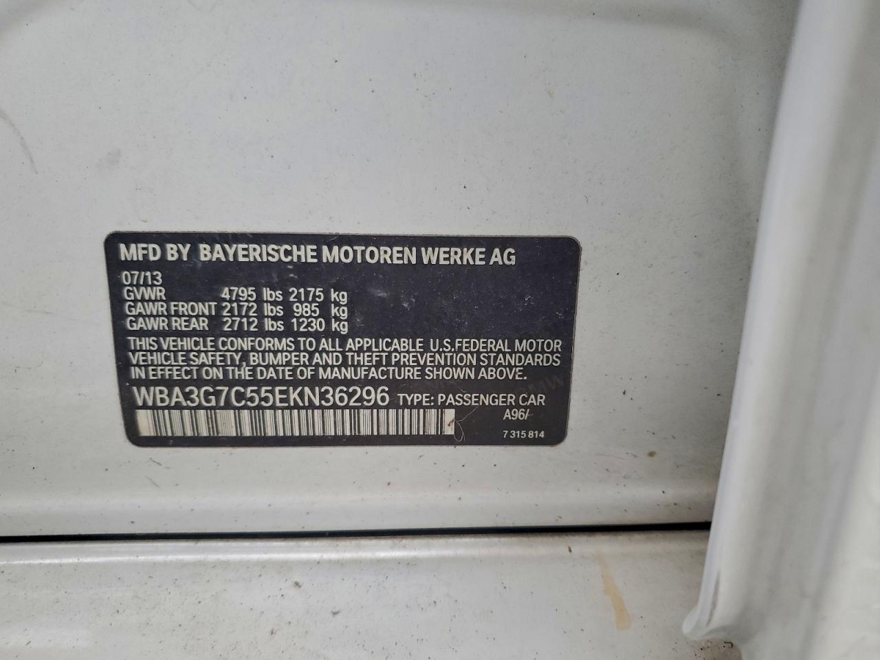 2014 BMW 328 Xi VIN: WBA3G7C55EKN36296 Lot: 95411605