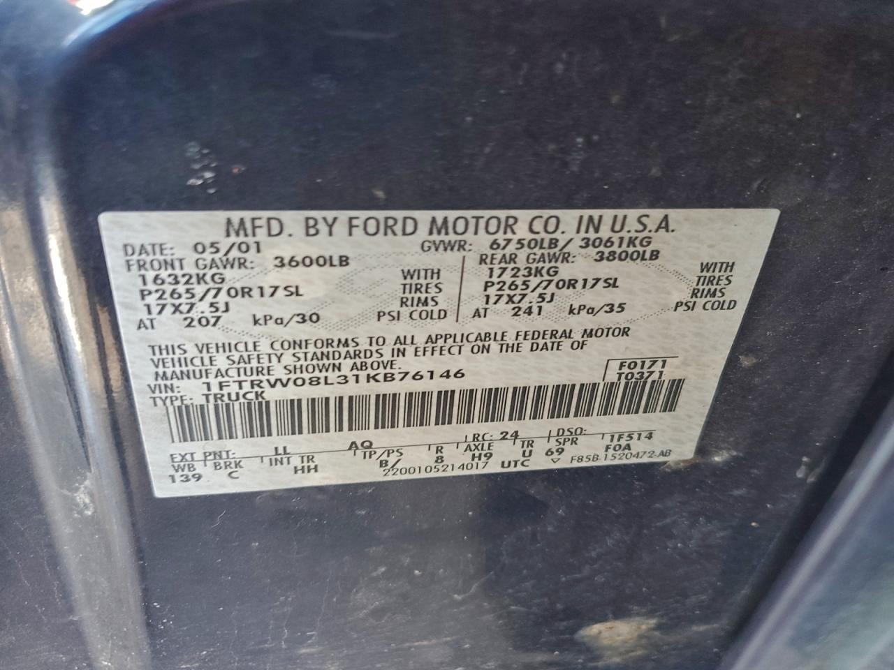 2001 Ford F150 Supercrew VIN: 1FTRW08L31KB76146 Lot: 95480825