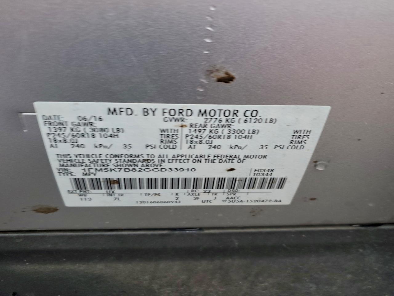 2016 Ford Explorer VIN: 1FM5K7B82GGD33910 Lot: 94896535