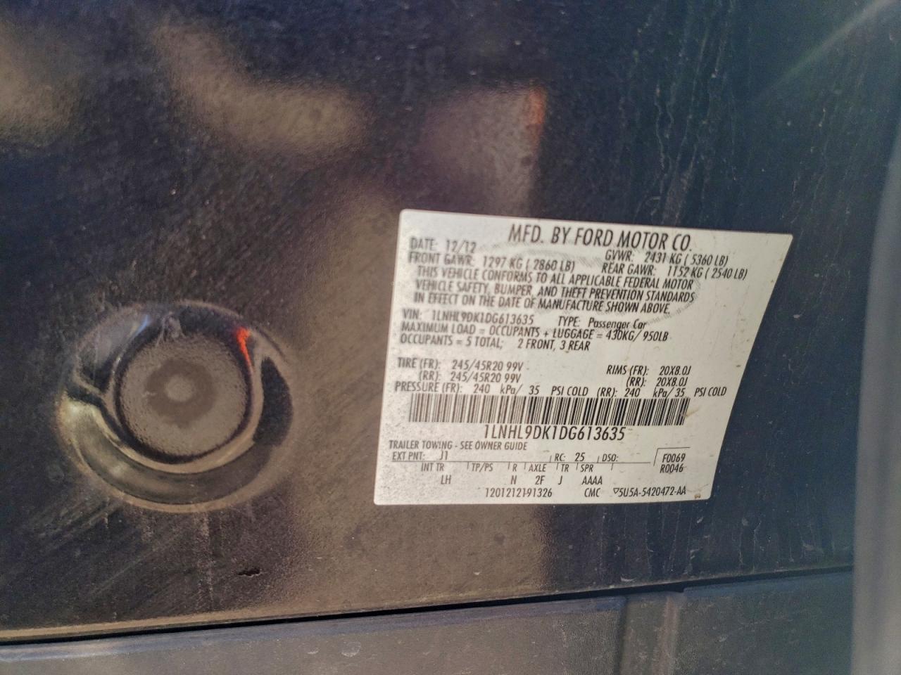 2013 Lincoln Mks VIN: 1LNHL9DK1DG613635 Lot: 96047285