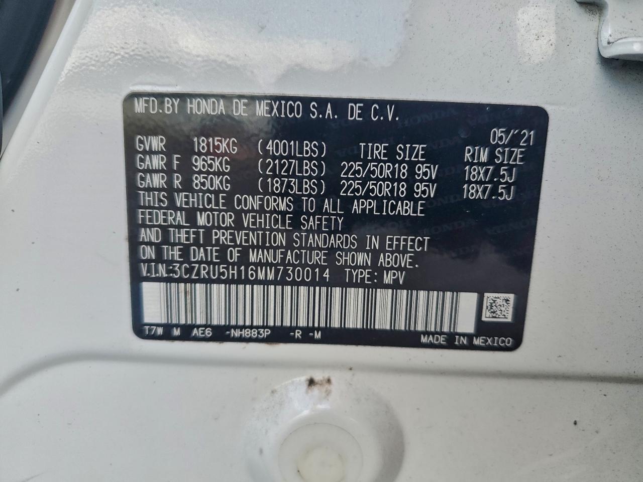 2021 Honda Hr-V Sport VIN: 3CZRU5H16MM730014 Lot: 95246525