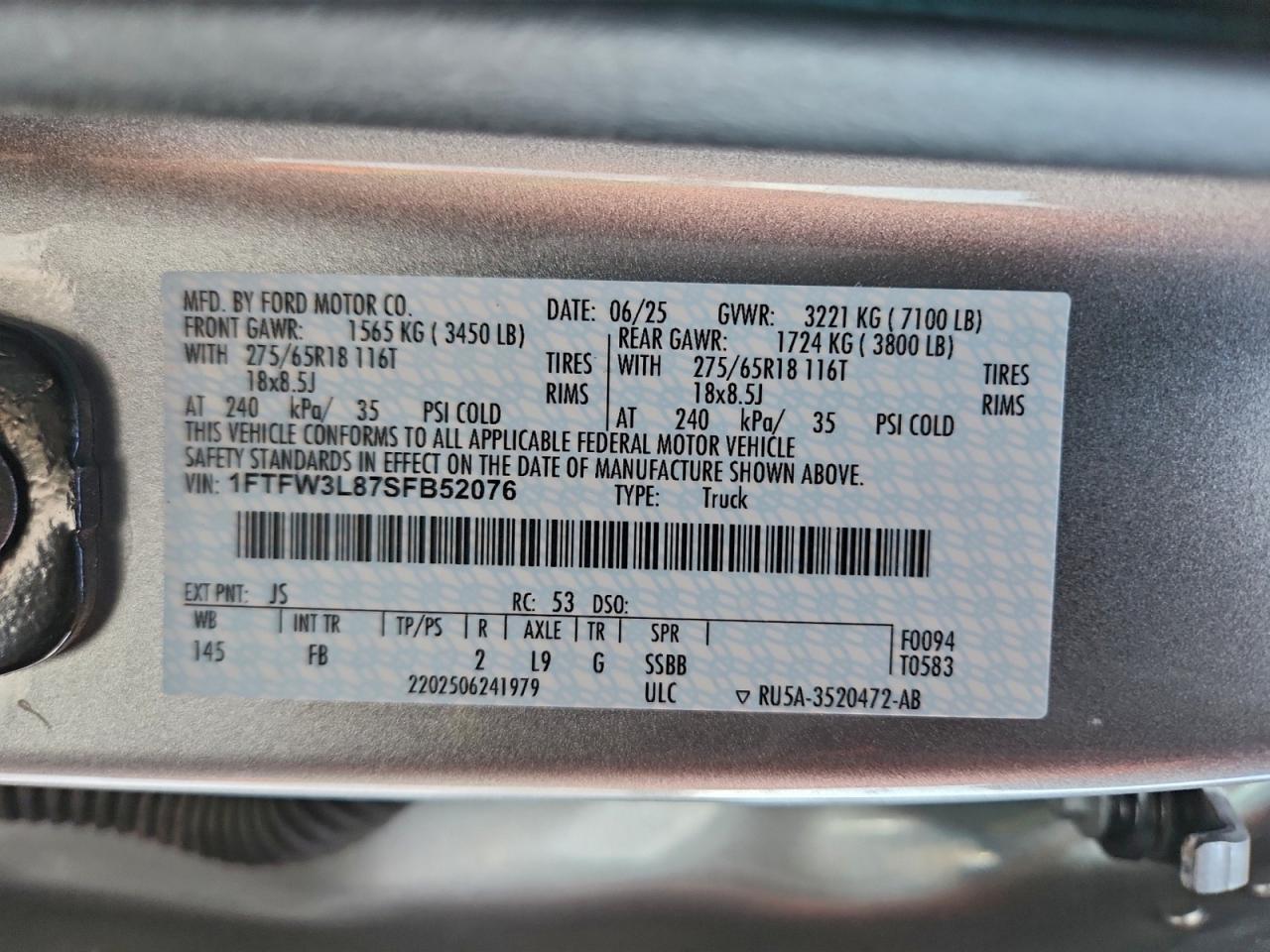 2025 Ford F150 Xlt VIN: 1FTFW3L87SFB52076 Lot: 93520545