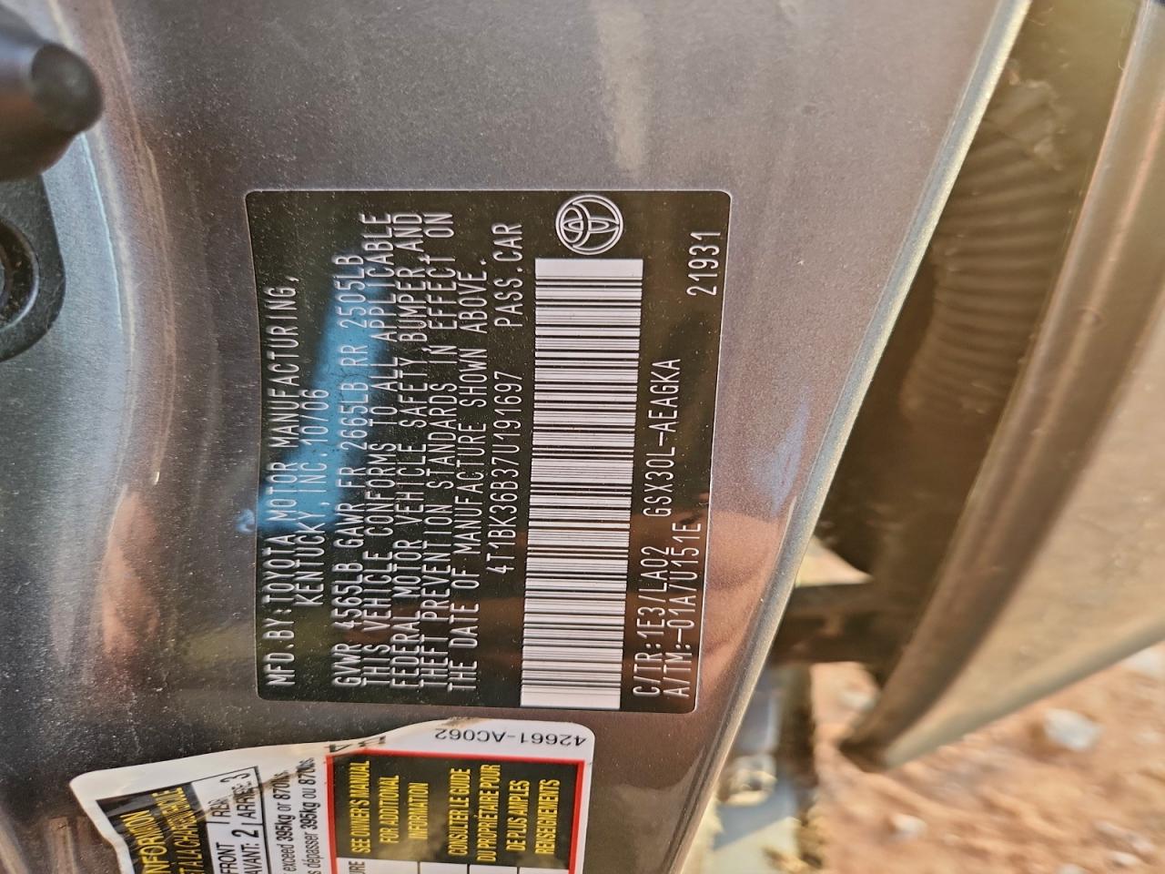 2007 Toyota Avalon Xl VIN: 4T1BK36B37U191697 Lot: 96562595