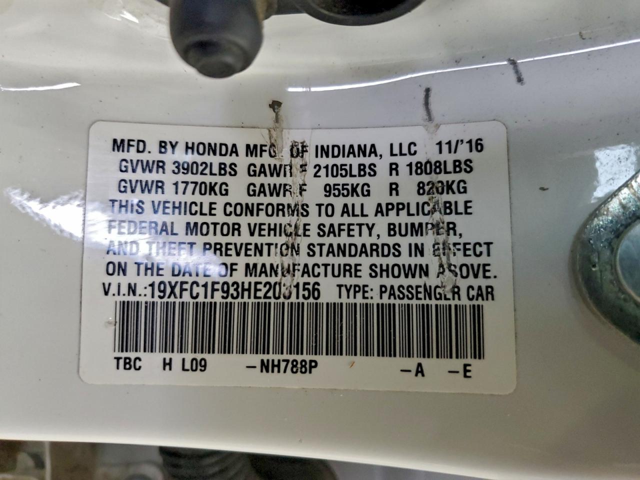 2017 Honda Civic Touring VIN: 19XFC1F93HE203156 Lot: 95997555