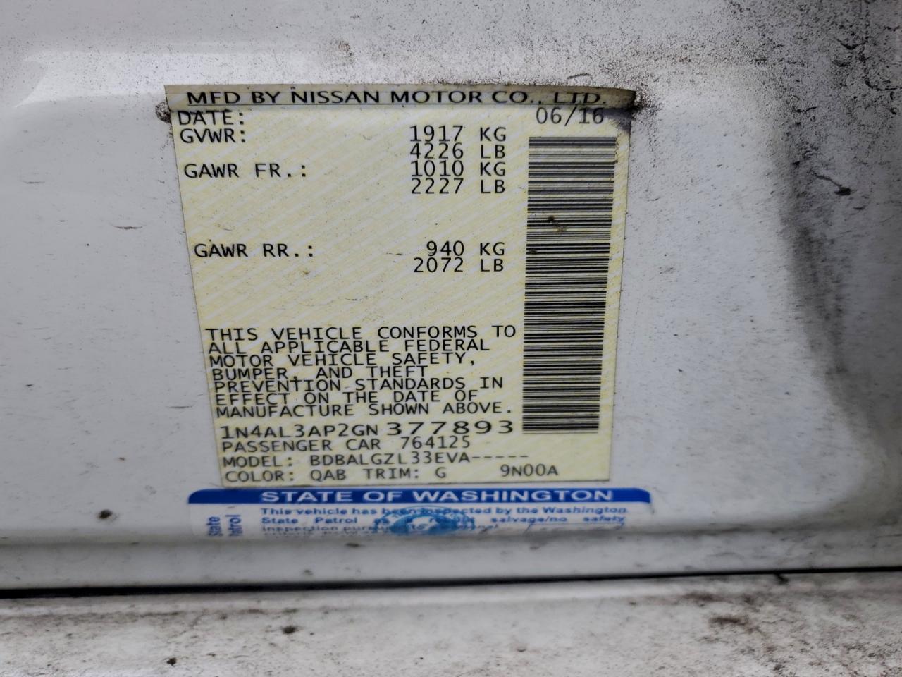 2016 Nissan Altima 2.5 VIN: 1N4AL3AP2GN377893 Lot: 93508095