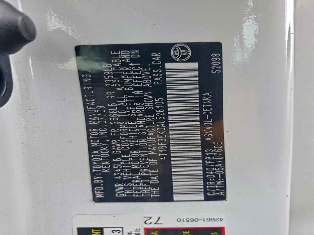 2010 Toyota Camry Base VIN: 4T1BF3EK0AU526105 Lot: 95317265