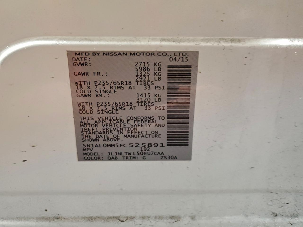 2015 Infiniti Qx60 VIN: 5N1AL0MM5FC525891 Lot: 94080265