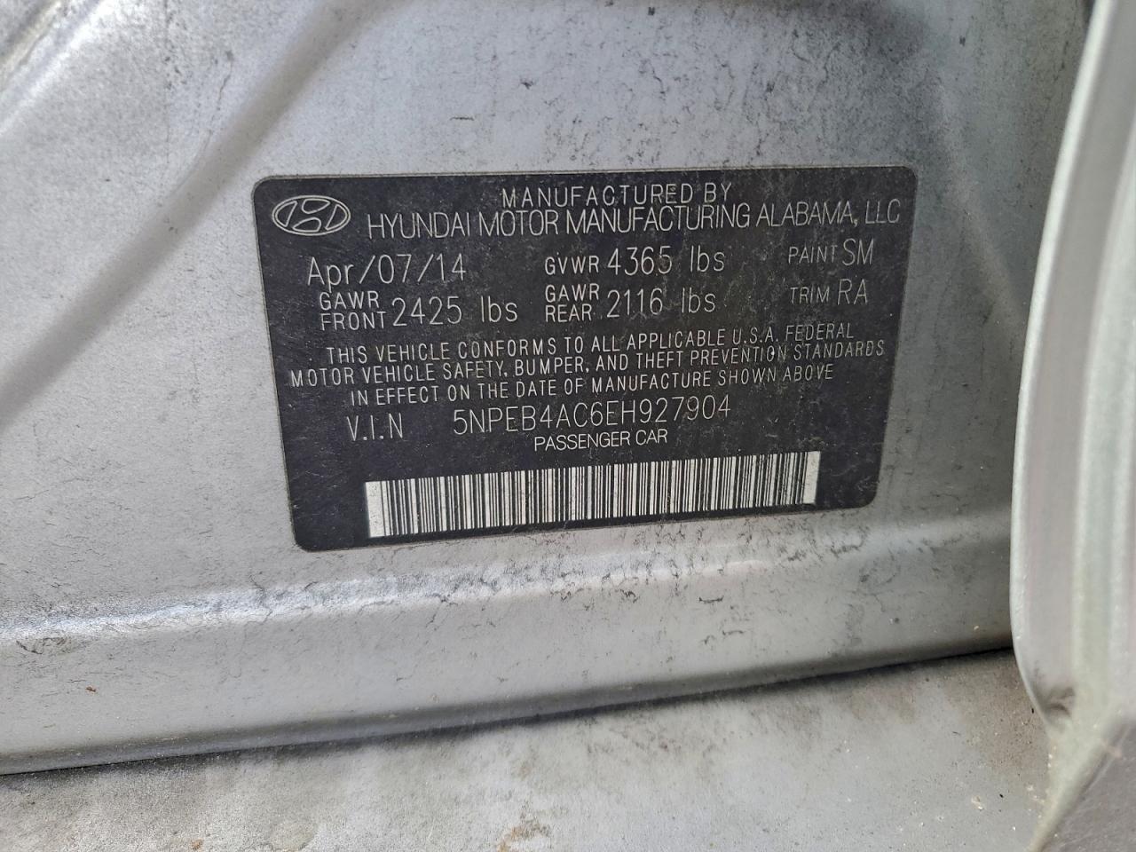 2014 Hyundai Sonata Gls VIN: 5NPEB4AC6EH927904 Lot: 97418835