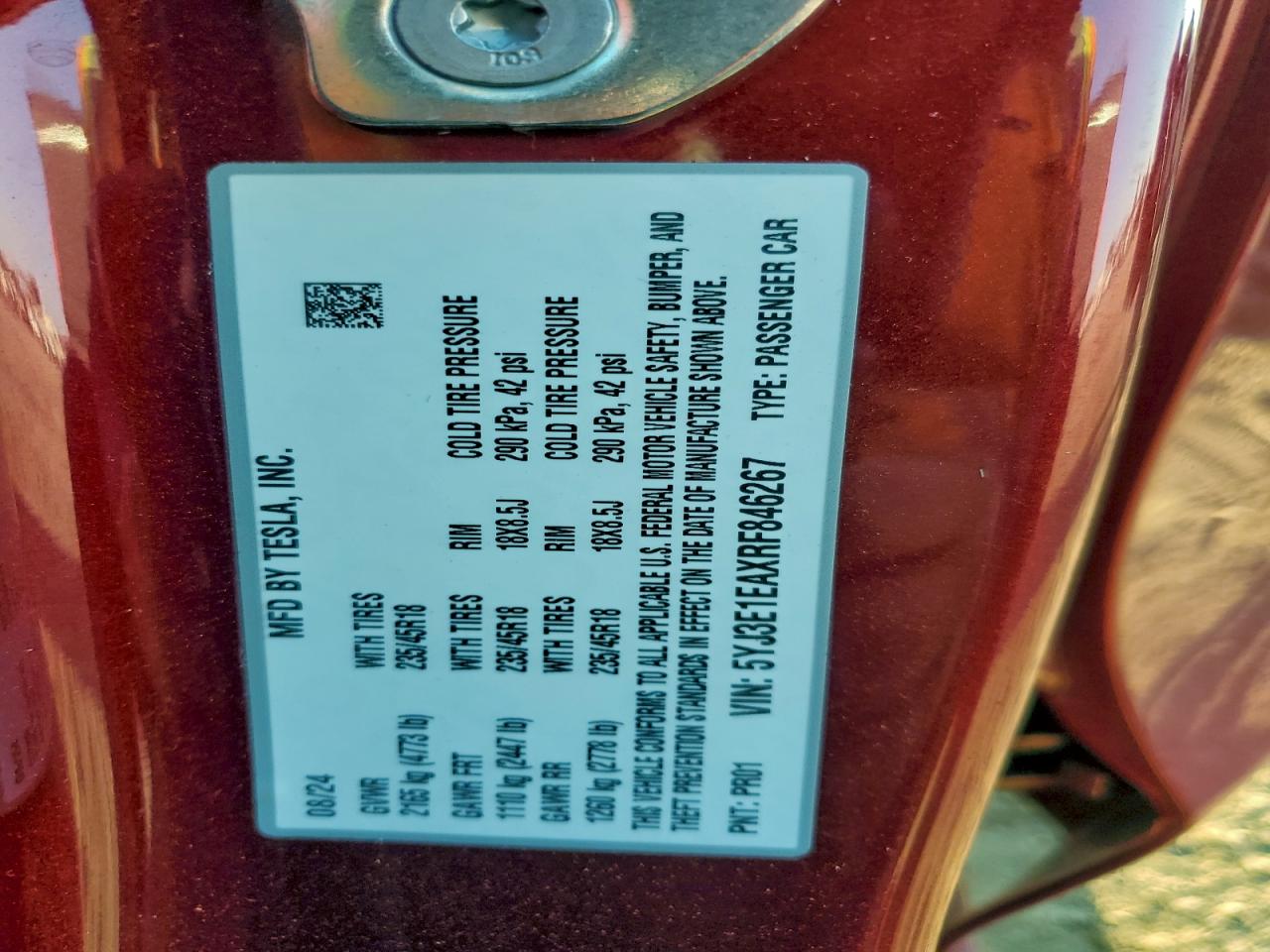 2024 Tesla Model 3 VIN: 5YJ3E1EAXRF846267 Lot: 94546525