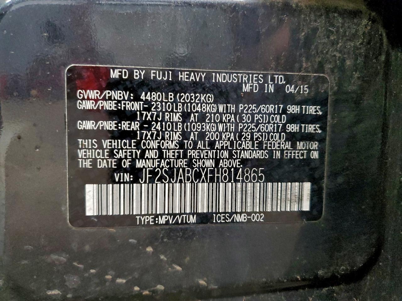 2015 Subaru Forester 2.5I VIN: JF2SJABCXFH814865 Lot: 95998295