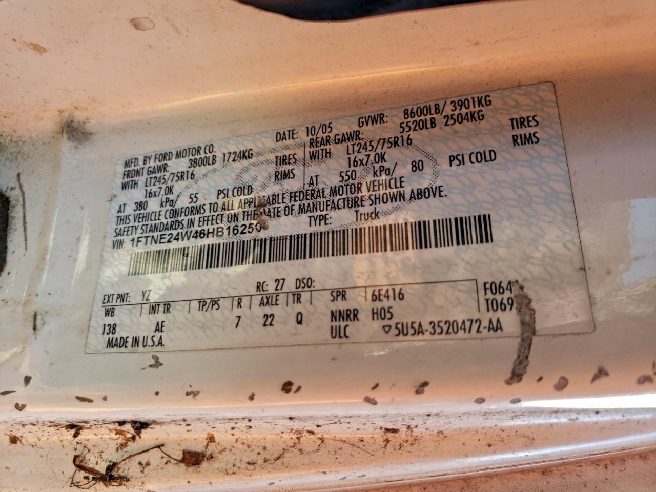 2006 Ford Econoline E250 Van VIN: 1FTNE24W46HB16250 Lot: 95309185