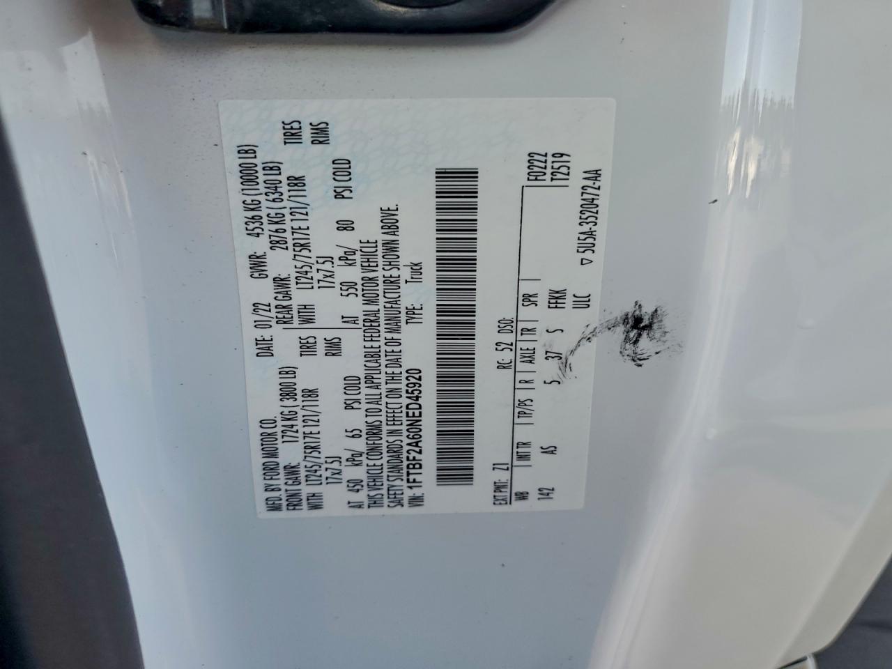 2022 Ford F250 Super Duty VIN: 1FTBF2A60NED45920 Lot: 96465685