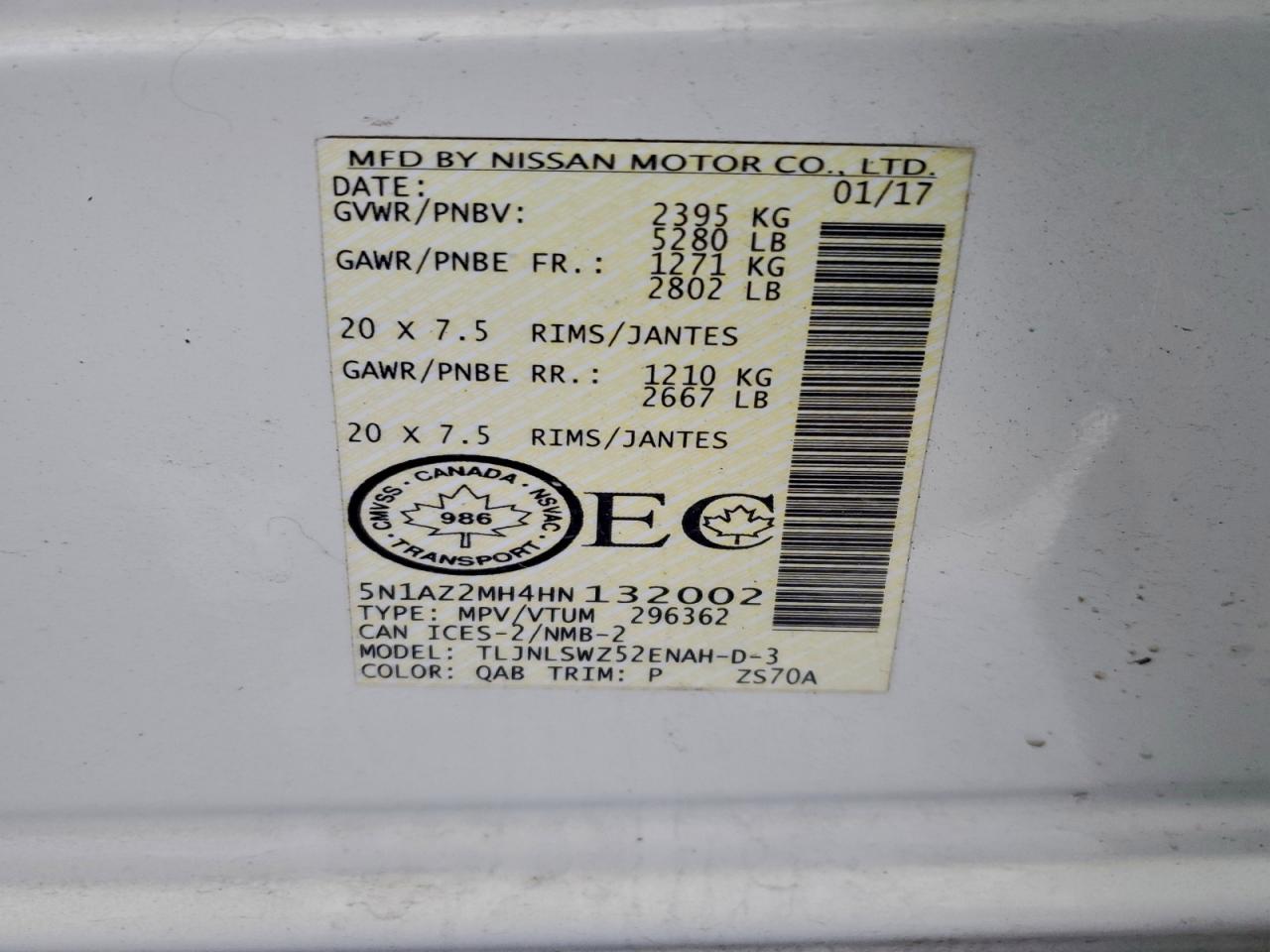 2017 Nissan Murano S VIN: 5N1AZ2MH4HN132002 Lot: 94213015